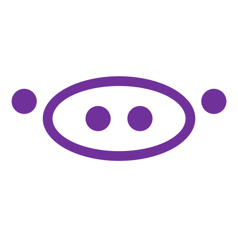 A stylized purple robot face with two circular eyes and a circular outline representing the head, on a black background.