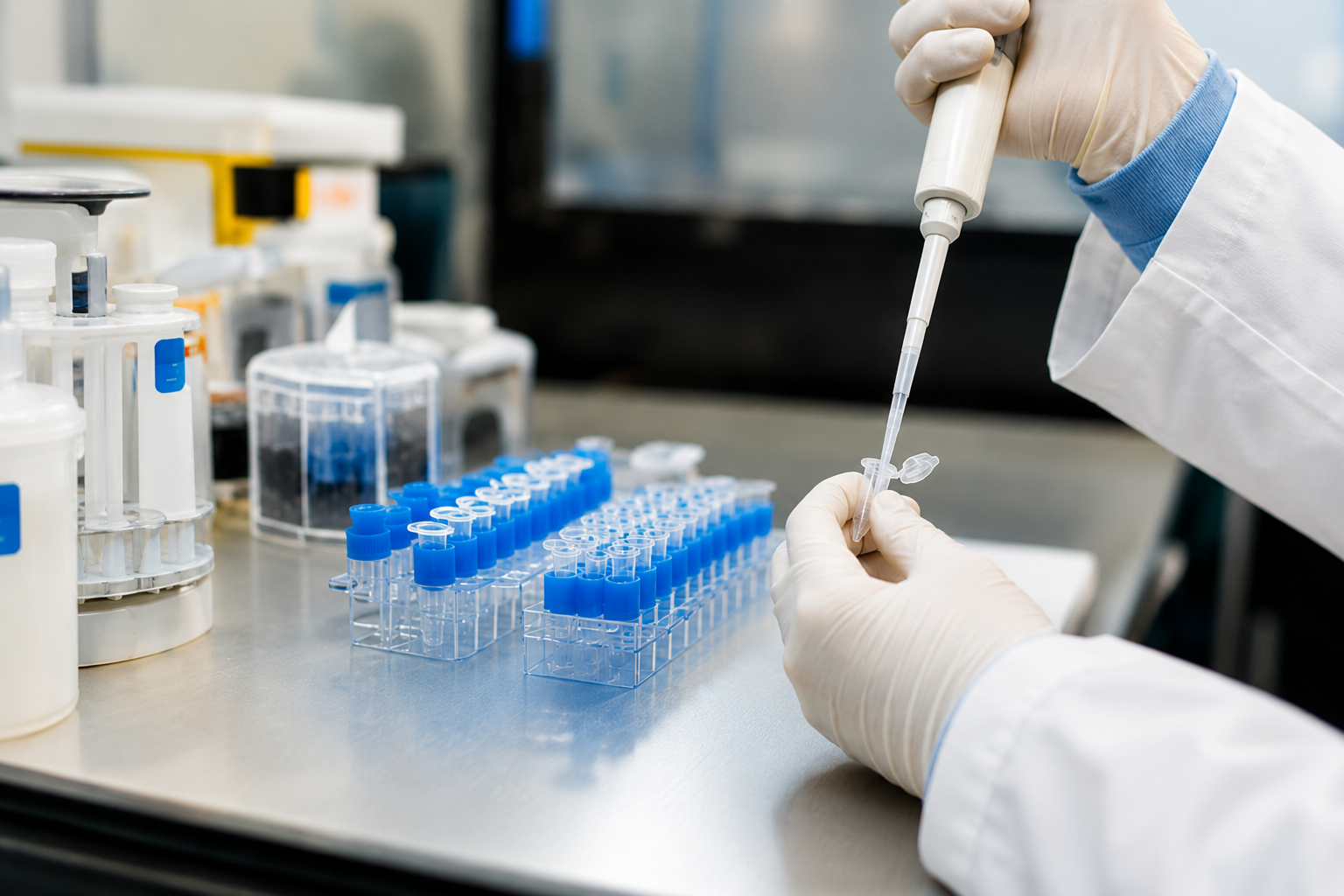 A scientist wearing gloves and a lab coat uses a pipette to transfer liquid into a small container in a laboratory setting. There are various lab supplies and racks with test tubes on the work surface.