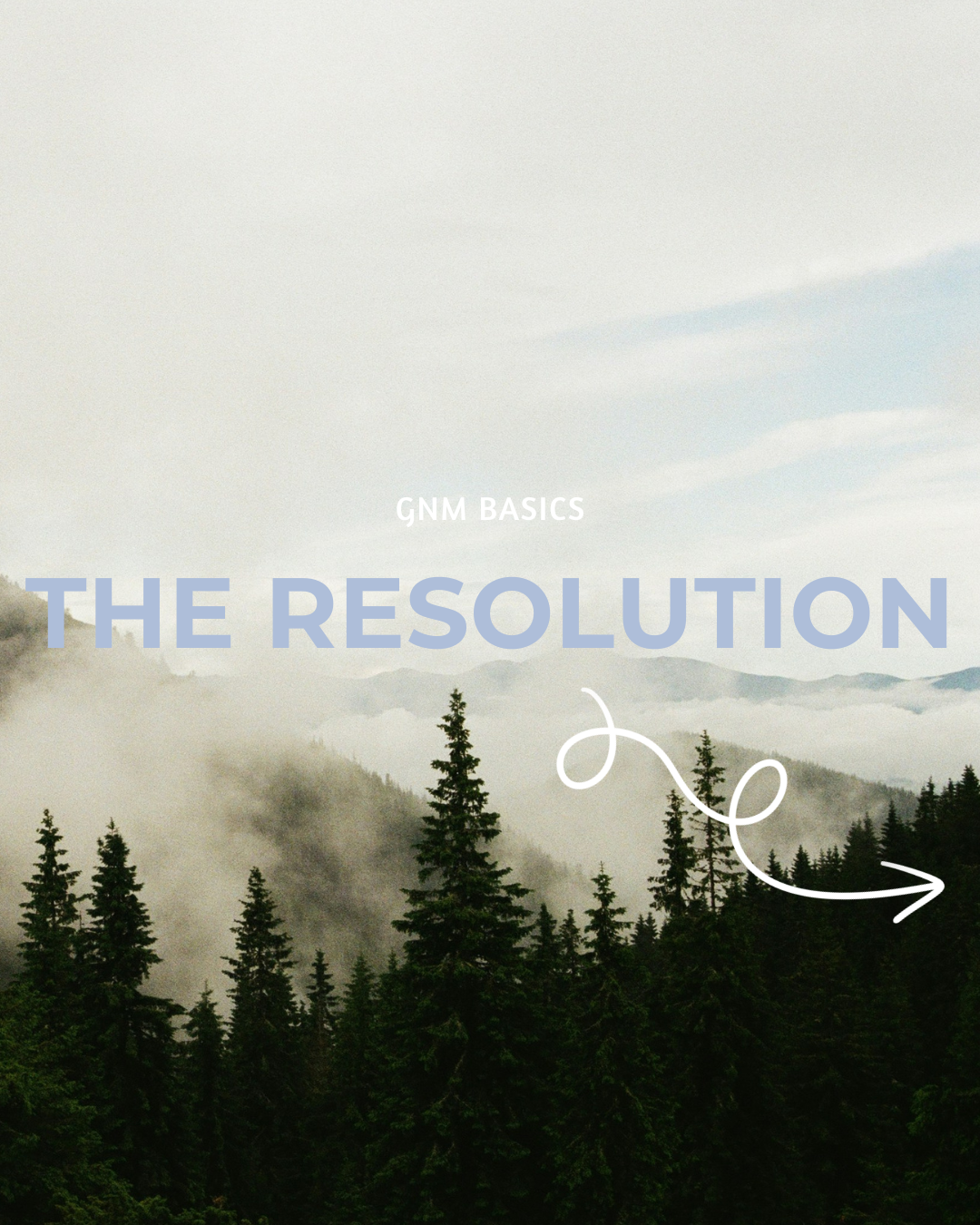 Serene mountain landscape with a forest of evergreen trees, fog, and clouds in the background, overlaid with text 'GNM BASICS THE RESOLUTION' and an arrow with a squiggly line.