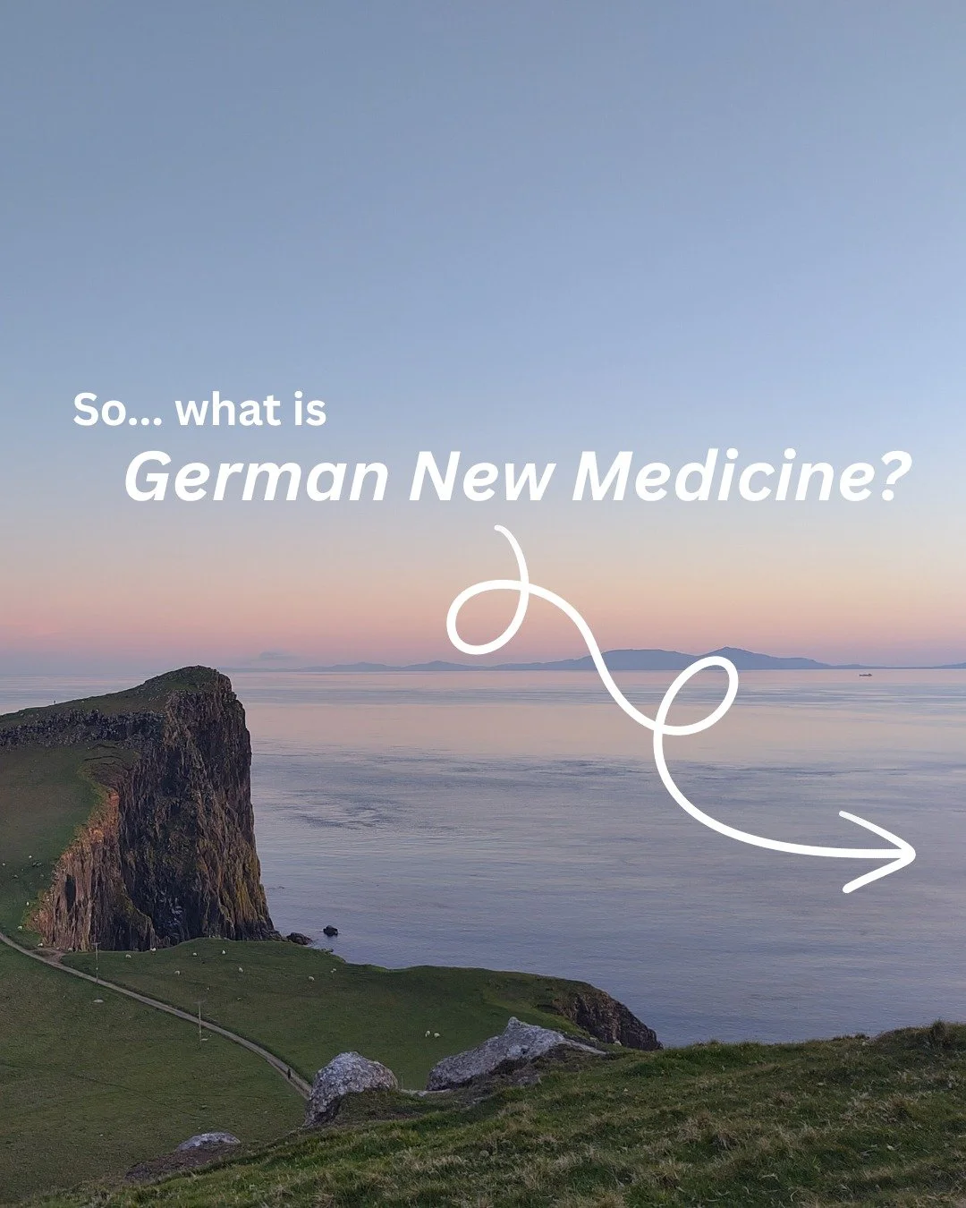 Scenic view of cliffs and ocean at sunset with overlaid text asking about German New Medicine.