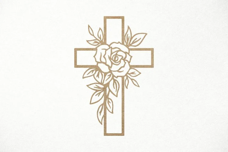 Outline of a cross with a rose and leaves in the center.
