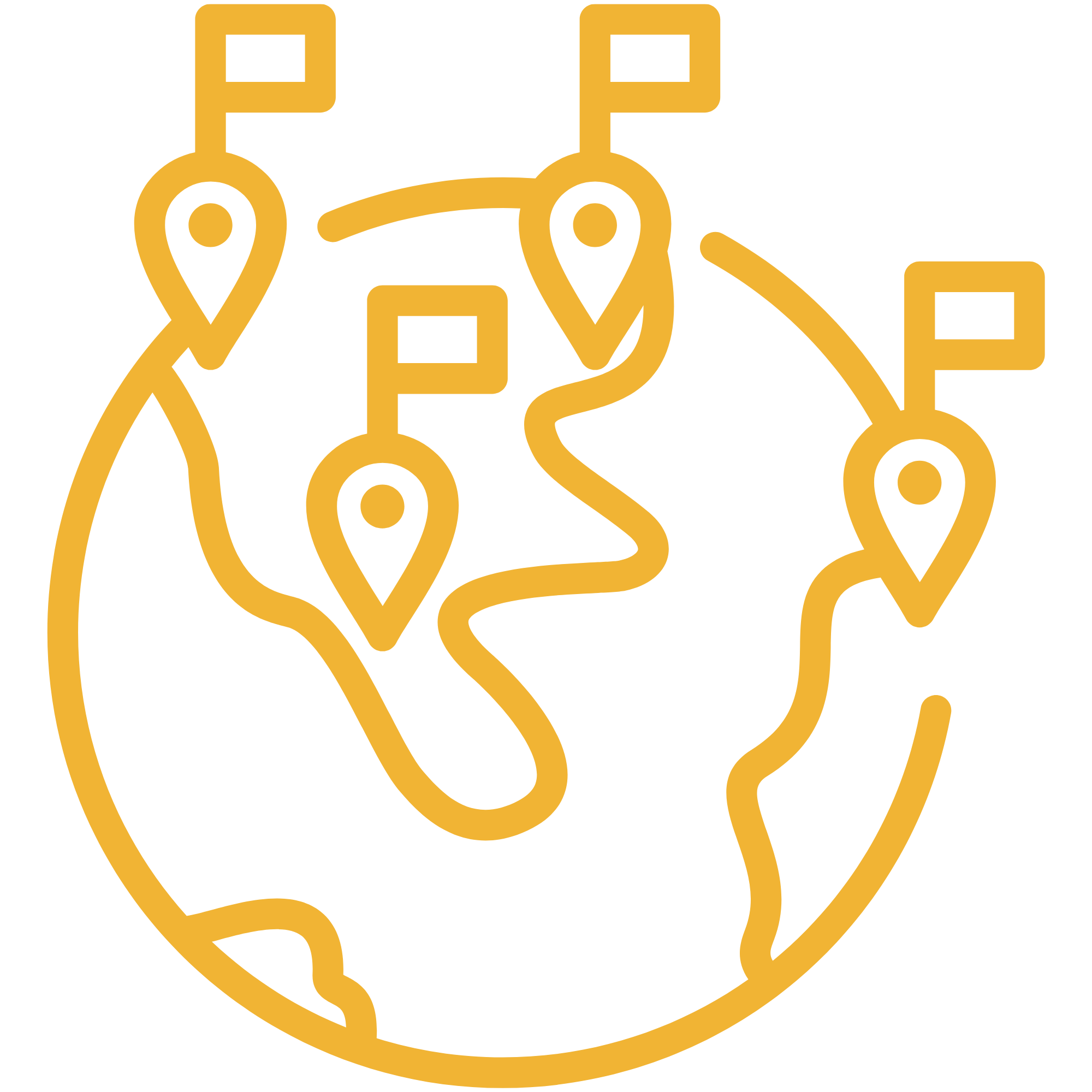 Line drawing of a hand connecting various location pins and a lab flask, symbolizing scientific research or innovation.