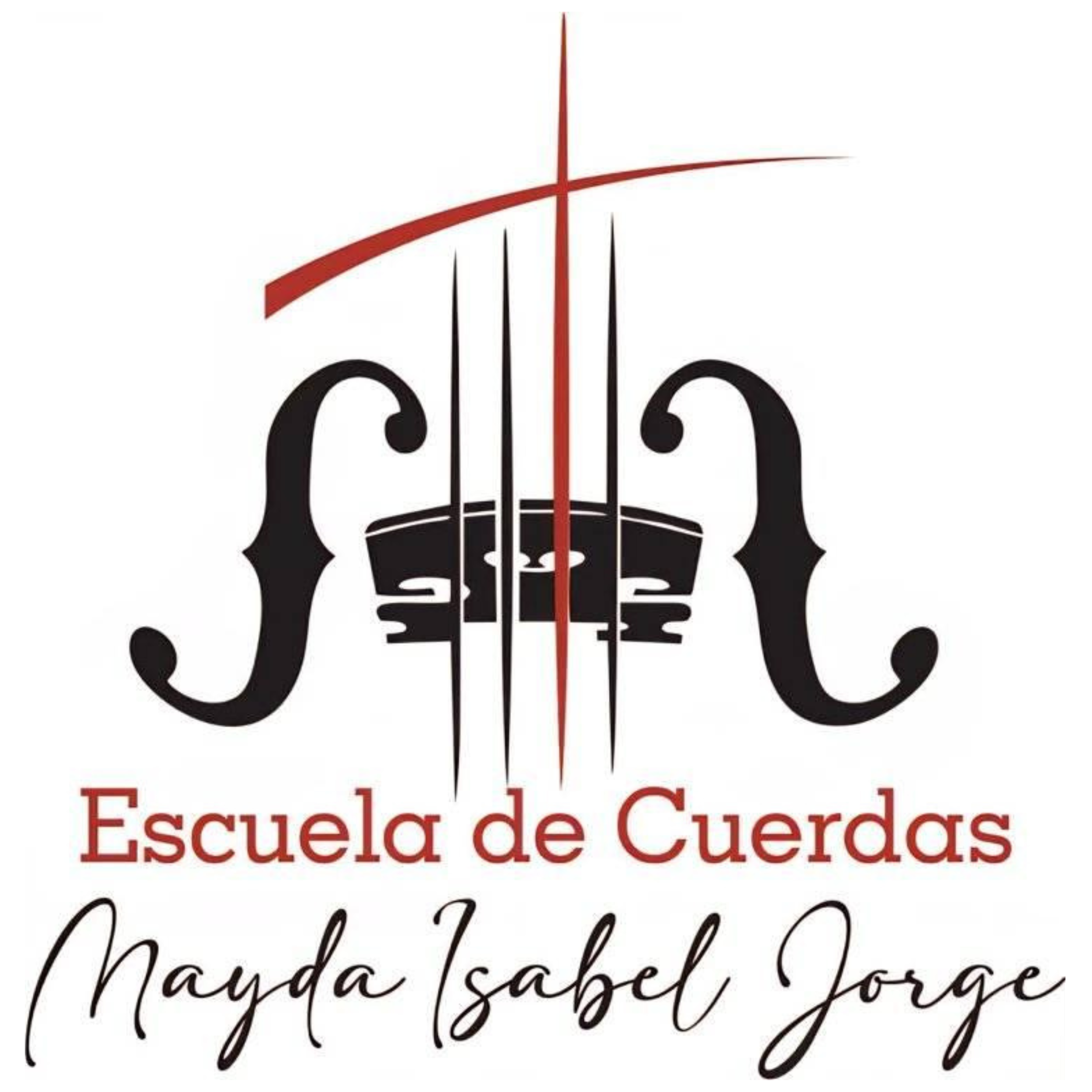 Stylized logo featuring a black skull with a red fuse and a red lightning bolt above it, along with text in both English and Spanish, reading 'Escuela de Cuerdas' and 'School of Strings' in red.