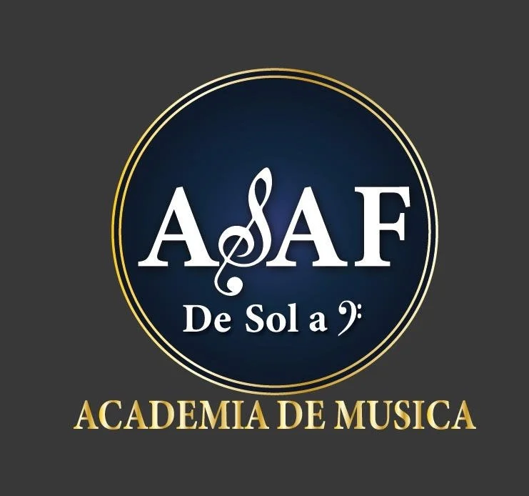 Logo for De Sol a 9 - Academia de Musica, featuring the initials A, S, and F with a treble clef integrated into the design, set against a dark background with gold and white text.