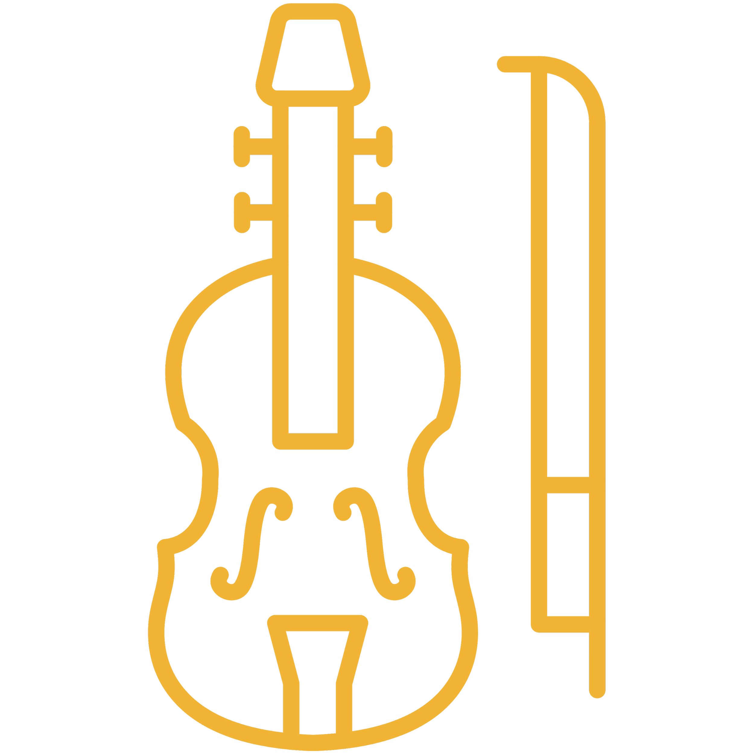 Minimalist line drawing of various musical instruments in yellow on a black background.
