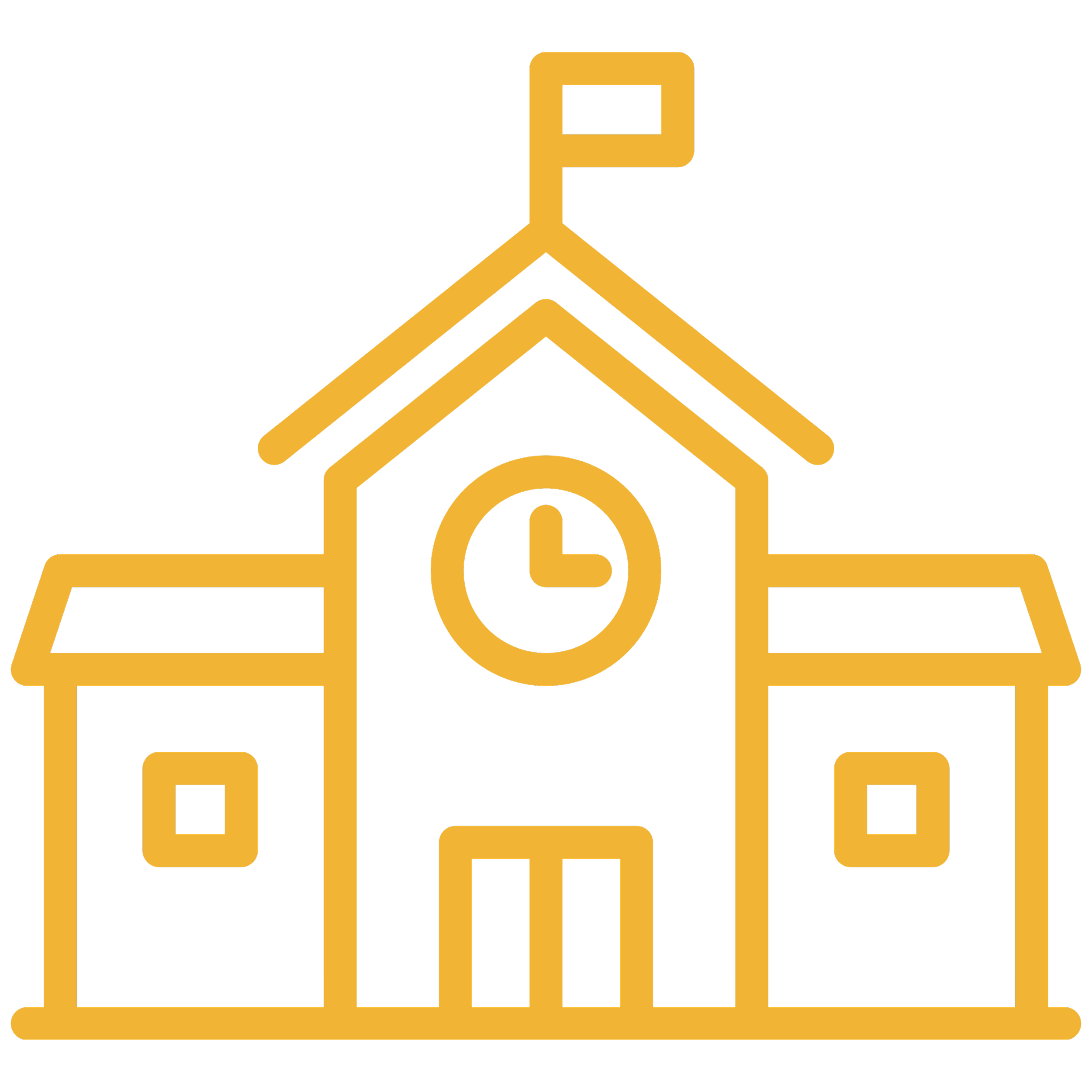 Outline of a house with a chimney, set on a rectangular base, all in yellow color on a black background