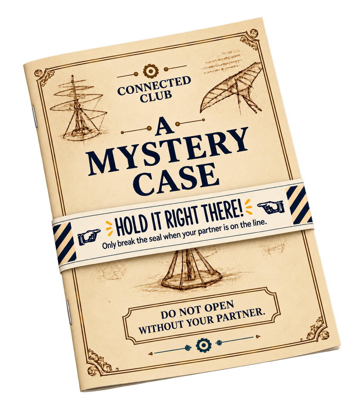 A book titled "A Mystery Case" with a nautical theme, featuring sketches of a ship, a parasol, and harbor elements. The cover has a beige background with navy blue accents and a band that reads "Hold it right there!" and "Do not open without your partner."