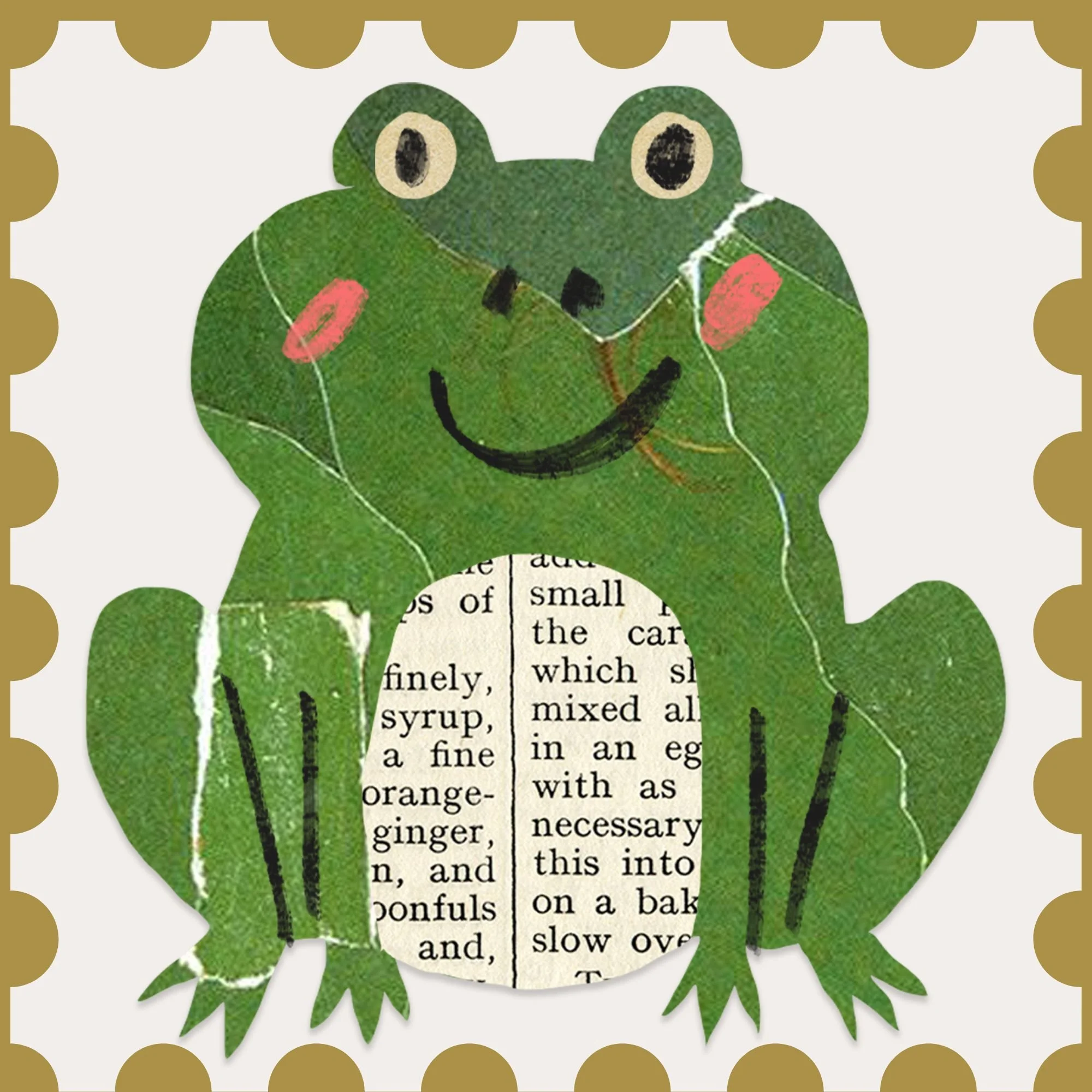 A puzzle piece featuring a cartoonish green frog with large eyes, pink cheeks, and a smiling mouth, overlaid on a background of printed text and surrounded by a border of gold-colored circles.