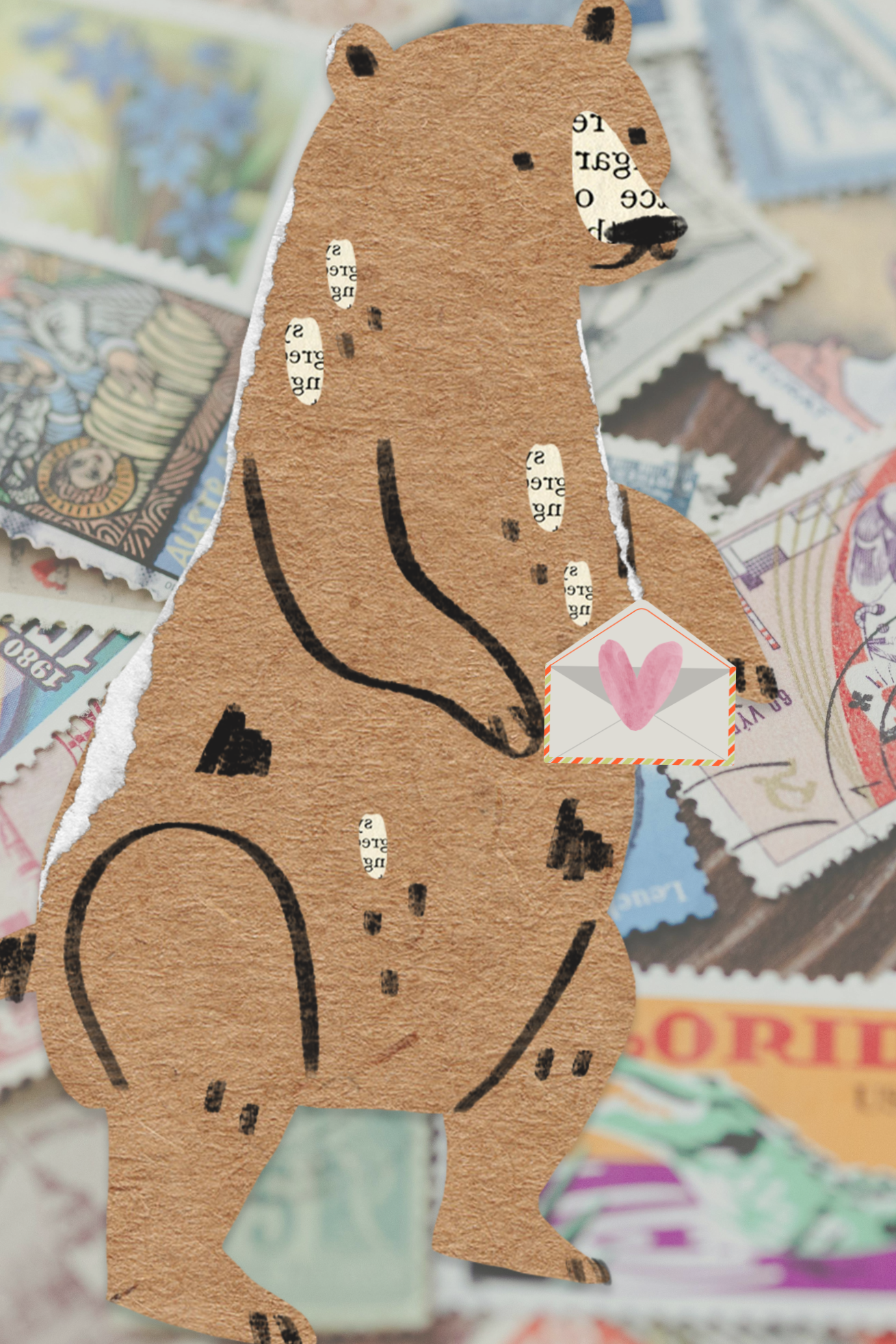 A paper cutout of a bear with a stitched heart on its chest, placed over a background of various postage stamps and envelopes.