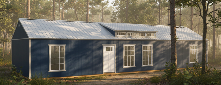 A blue, barn-style shed with a metal roof, with several windows and a white door, situated in a wooded area.
