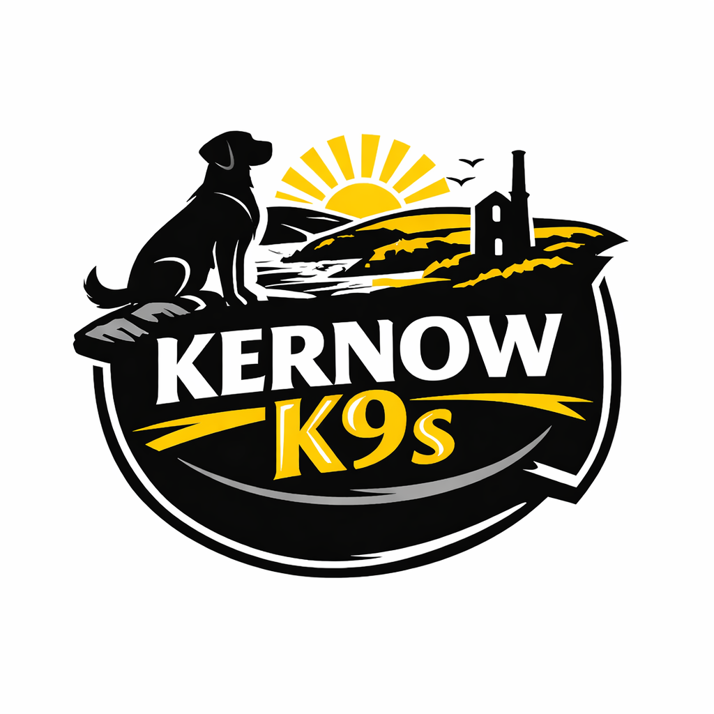 Logo for Kernow K9s featuring a black silhouette of a dog sitting on a wooden plank, a yellow sun rising over hills, a lighthouse, and two flying birds, with white and yellow text.