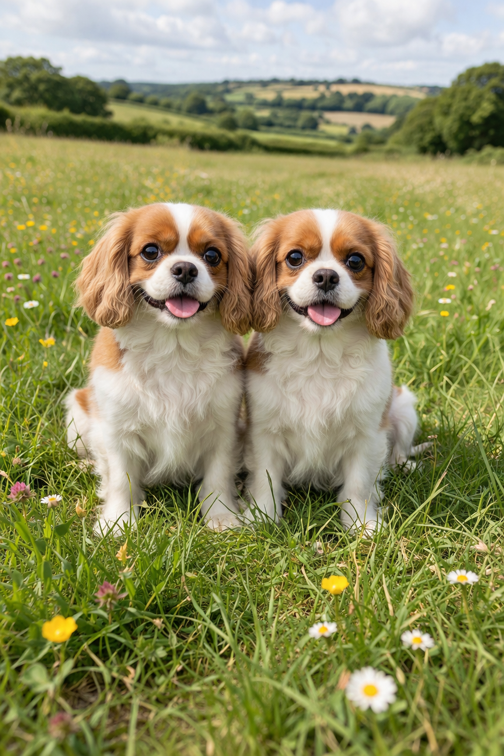 Two adorable Cavalier King Charles Spaniel puppies sitting in a grassy field with wildflowers, under a partly cloudy sky.