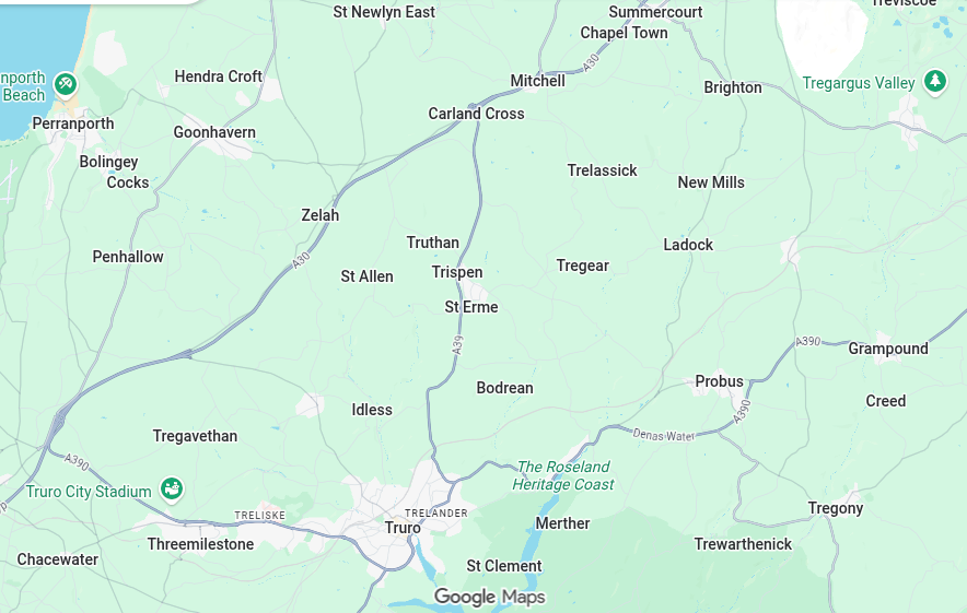Map of the Truro  and surrounding areas in Cornwall serviced by Kernow K9s Dog walking