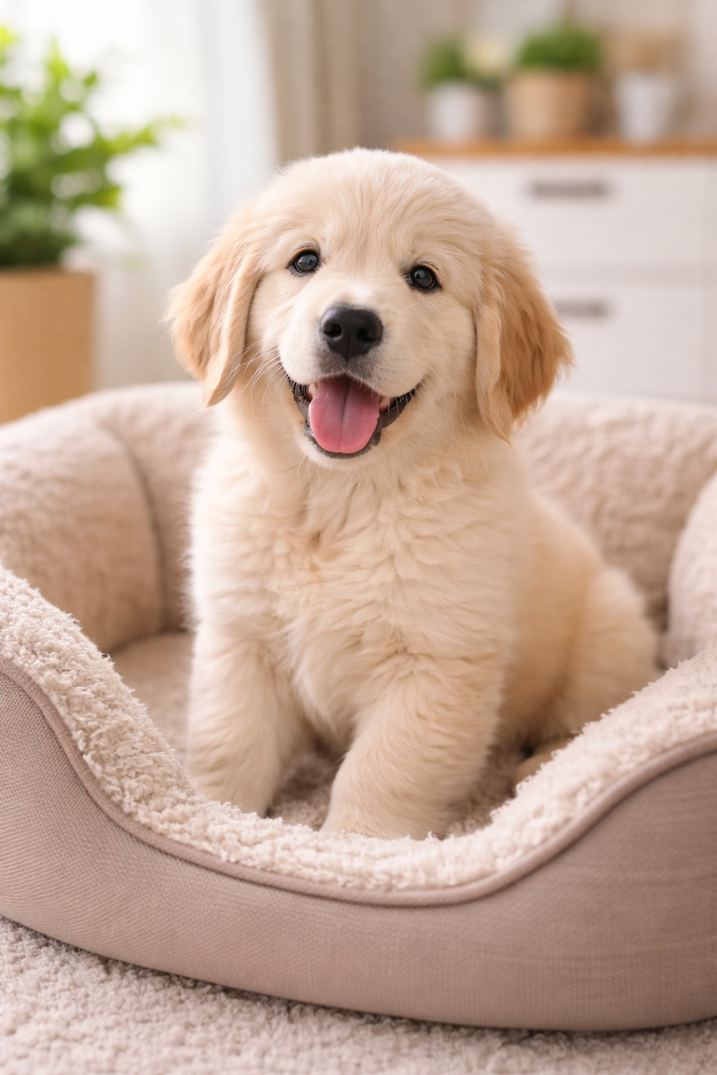 A happy golden retriever puppy sitting in a beige pet bed inside a cozy home with plants in the background.