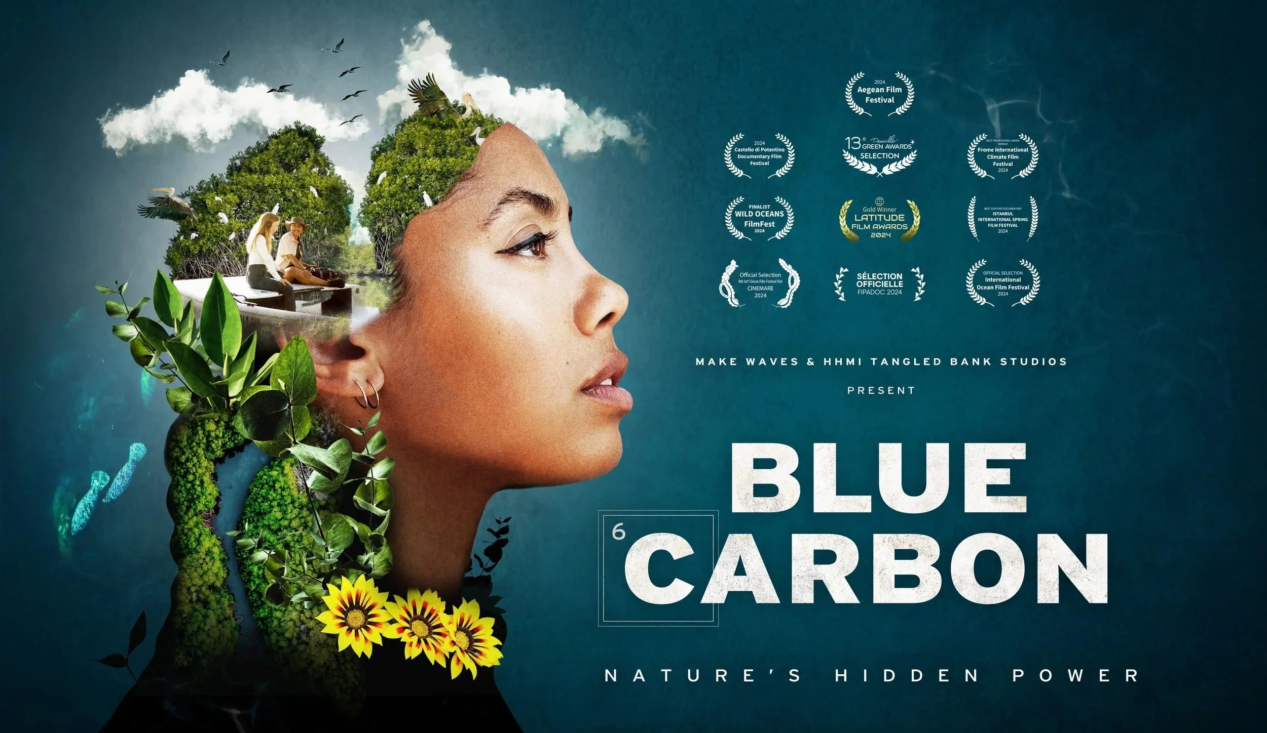 A promotional poster features a woman's face in profile with nature elements such as trees, leaves, flowers, and birds forming her hair, emphasizing environmental themes. There are various film festival award laurels and titles on the right side, alo
