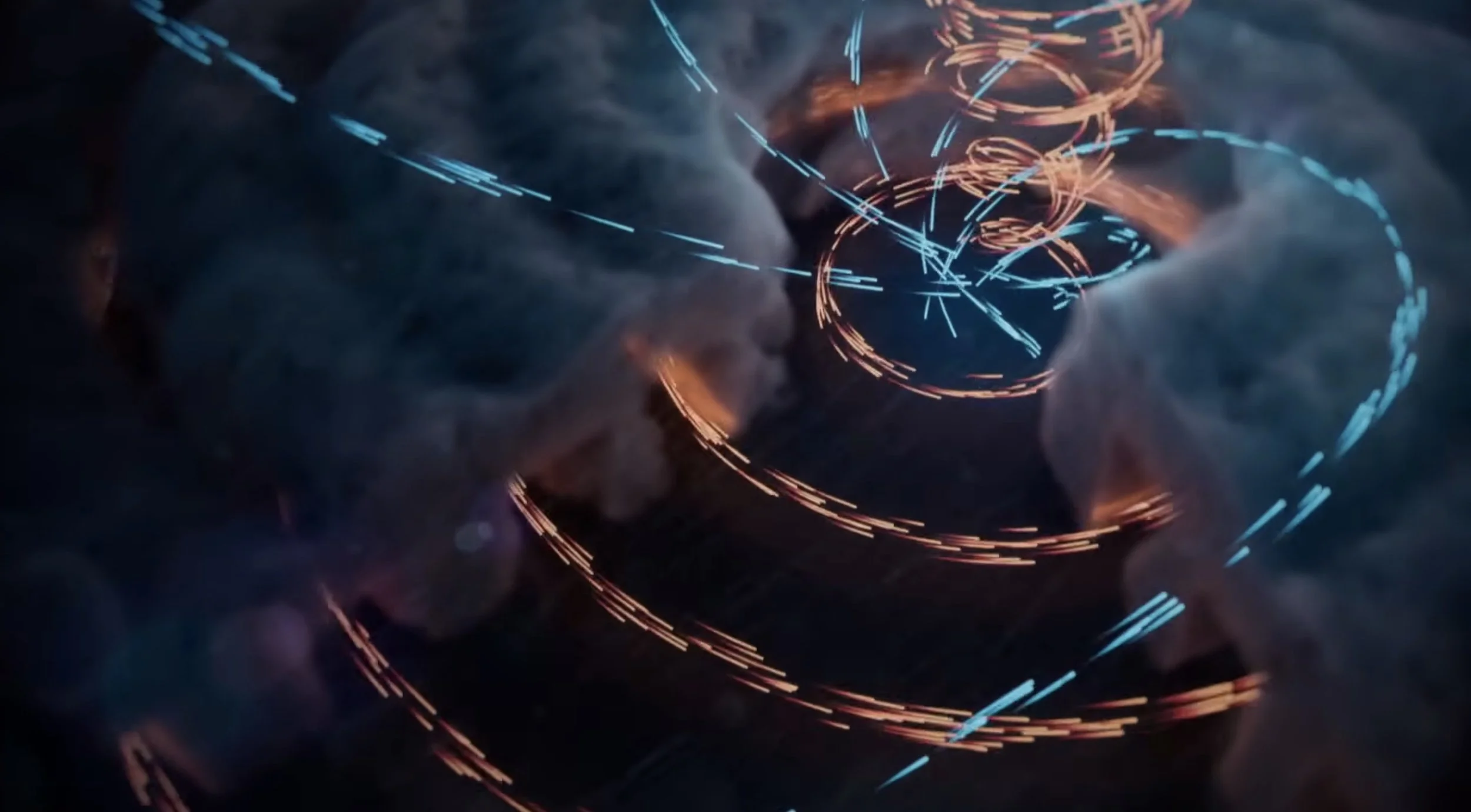 Abstract digital illustration with blue and orange glowing lines swirling in a dark, smoky background.