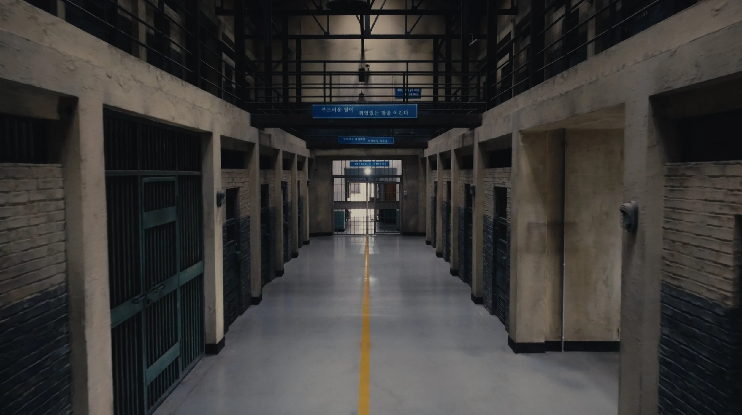 An empty prison corridor with cell doors on both sides, a yellow line on the floor, and signs with Korean writing hanging from the ceiling.