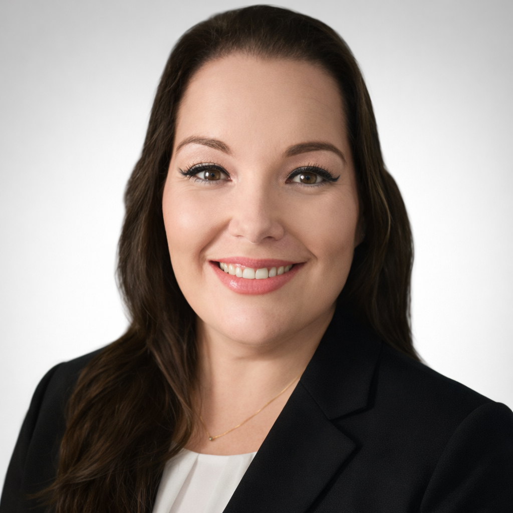 A professional headshot of a smiling woman with long dark hair, wearing a black blazer and a white top, against a plain light gray background.