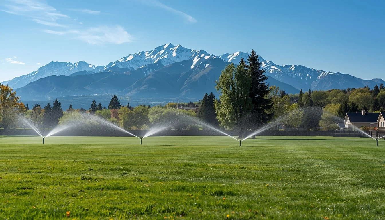 Green grass field with sprinklers, trees, houses, and snow-capped mountains in the background under a blue sky.