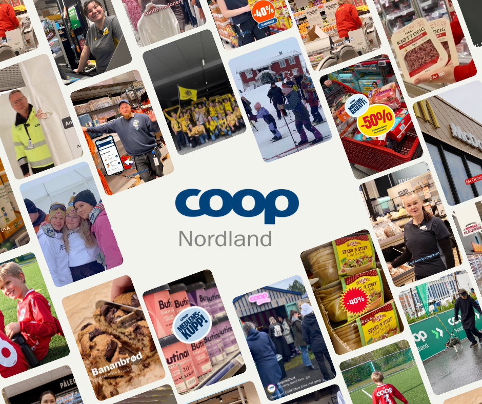Collage av bilder fra Coop Nordland, inkludert butikker, ansatte, kunder, sportsaktiviteter, matvarer og reklamekampanjer.