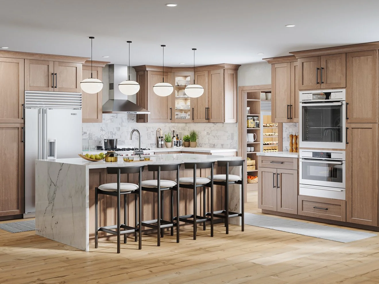 Modern kitchen with wooden cabinets, white marble island, black and white bar stools, pendant lights, stainless steel appliances, and open shelving for kitchenware.