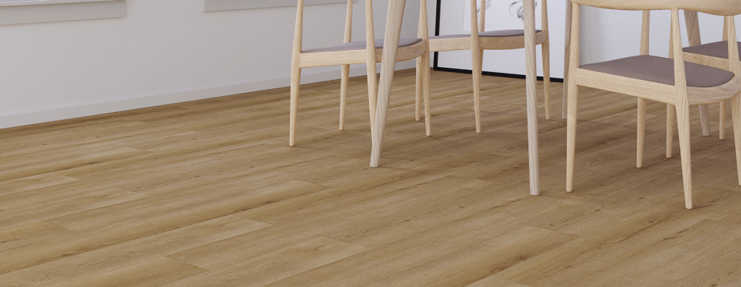 Room with wooden dining table and chairs, hardwood floor, and white walls.