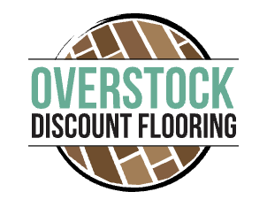 Overstock Discount Flooring logo with a brown circle background and green and black text