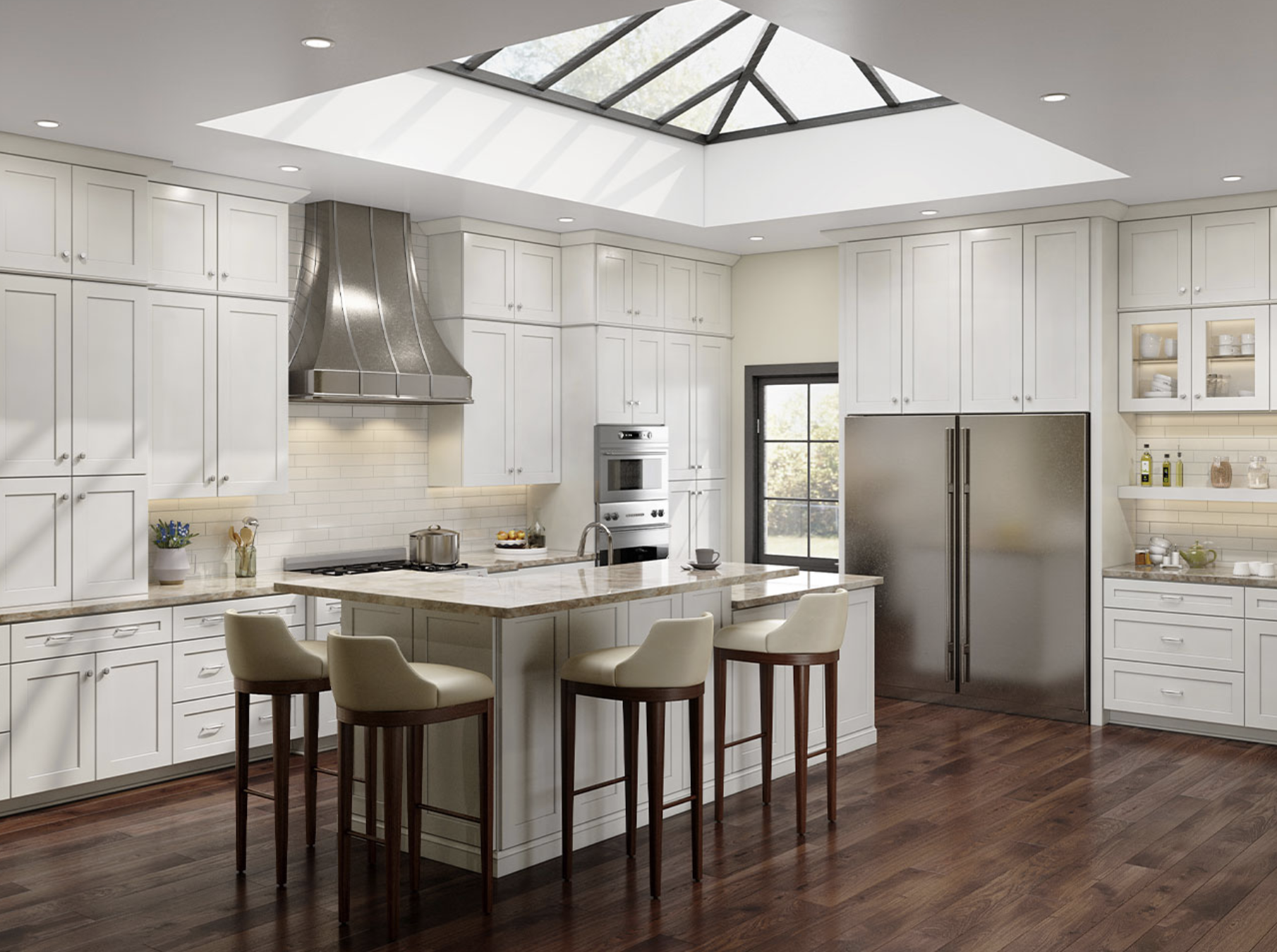 Modern white kitchen with a large central island, stainless steel refrigerator, built-in oven, cooktop, and a skylight overhead allowing natural light. Four beige chairs are arranged around the island, and the kitchen features wooden flooring and white cabinetry.