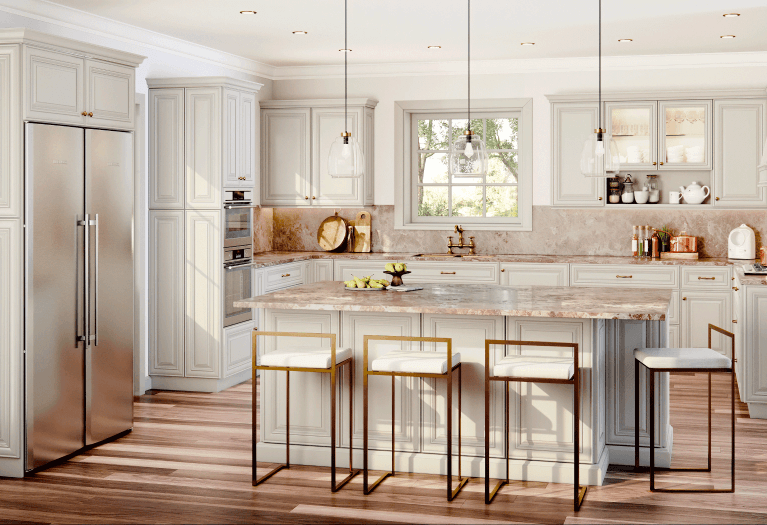 Modern kitchen with white cabinetry, marble countertops, stainless steel refrigerator, and a kitchen island with four matching bar stools. There are two pendant lights above the island and a window above the sink.