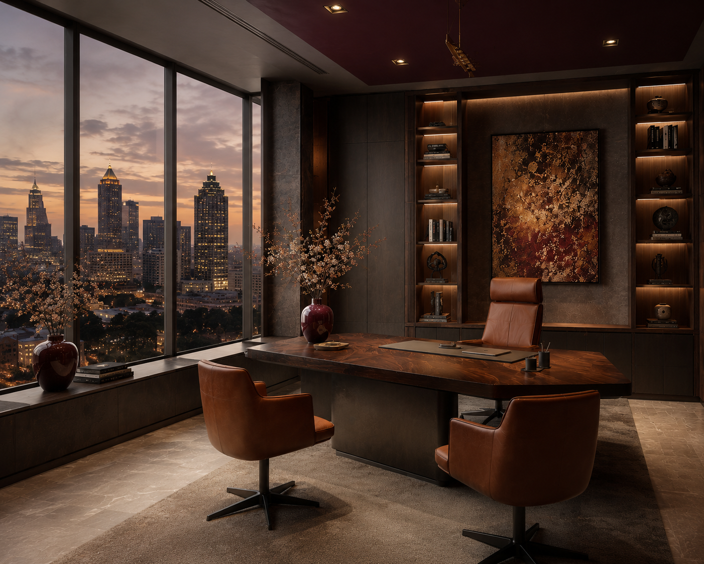 A modern office with a large wooden desk, brown leather chairs, and a view of a city skyline during sunset through floor-to-ceiling windows.