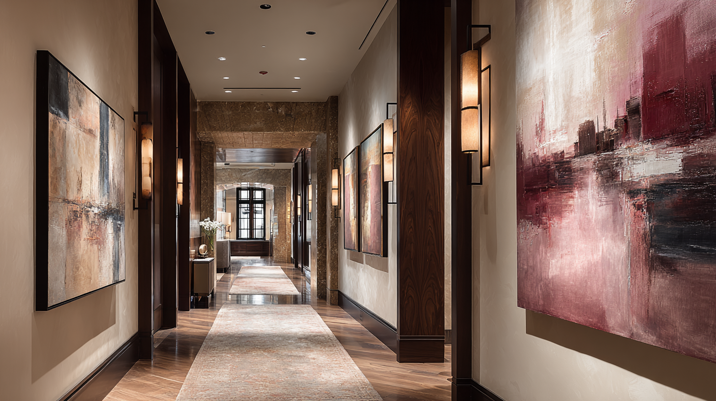 Elegant hotel hallway with abstract artwork on the walls, wooden accents, and soft lighting.