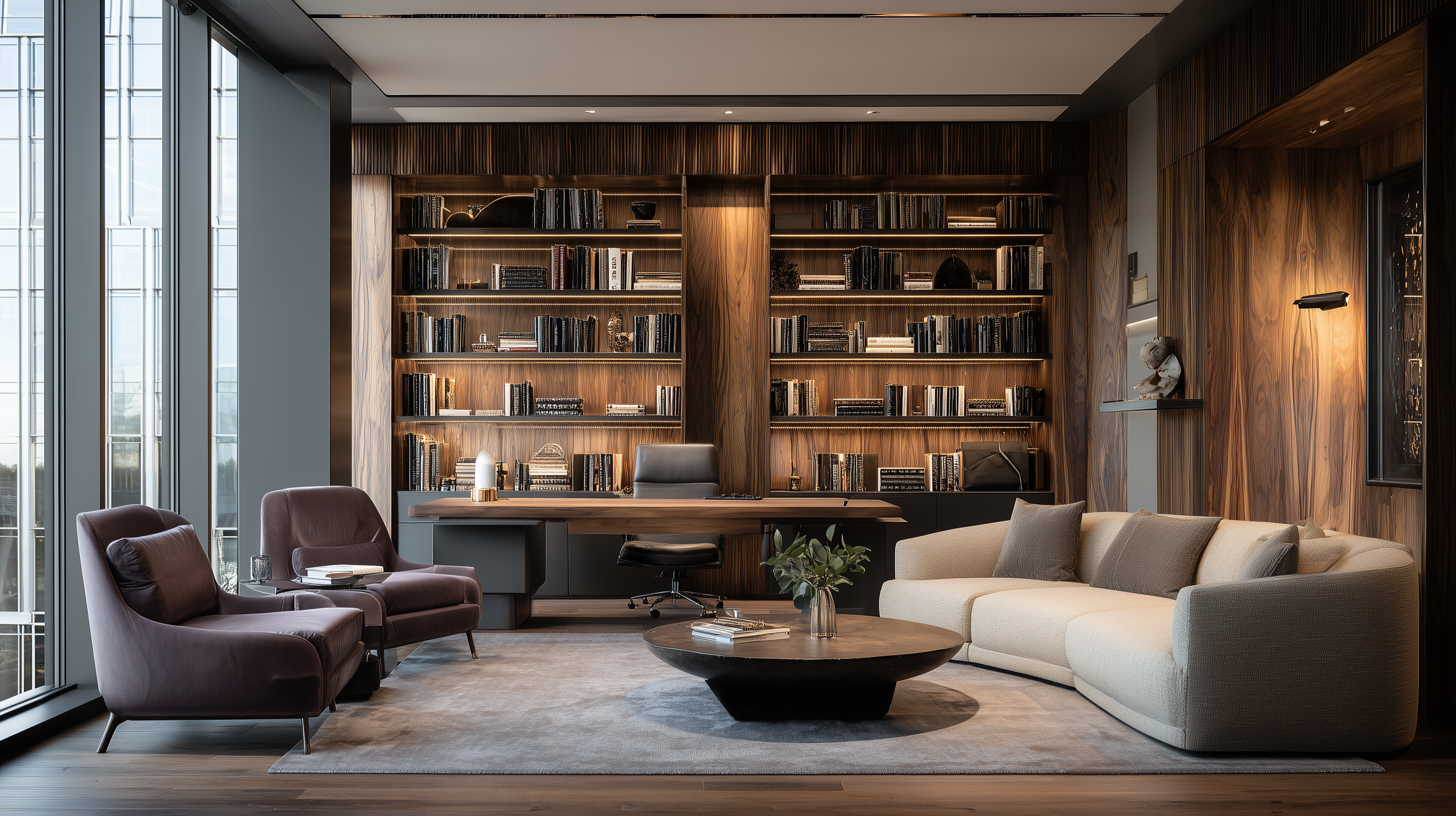 Modern living room with a large white sofa, two purple armchairs, a round black coffee table with decorative items, and a wooden bookshelf filled with books and decorative objects, with floor-to-ceiling windows on the left allowing natural light.