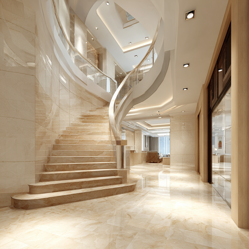 Elegant, modern interior with a curved staircase, polished marble floors, and well-lit ceiling, featuring a spacious, contemporary design.