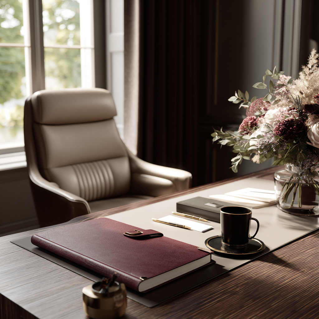 An office desk with a large burgundy leather-bound planner, gold pens, a black coffee mug on a saucer, a closed notebook, a stack of papers, and a large vase of pink and white flowers. An empty beige leather chair is behind the desk, with natural light coming through a window with greenery outside.