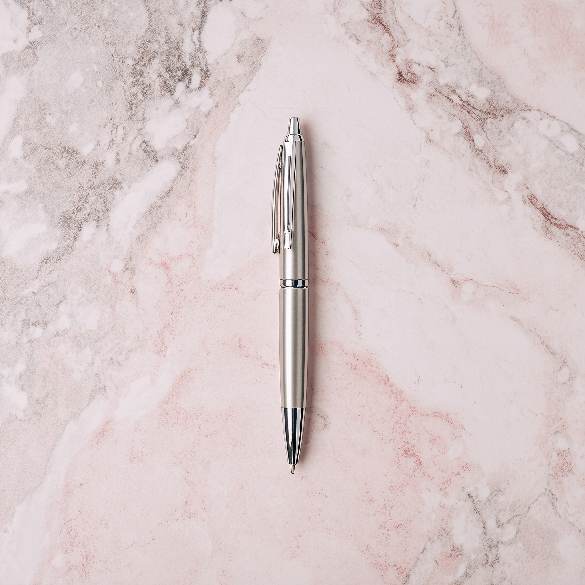 A silver ballpoint pen resting on a pink and white marbled surface.