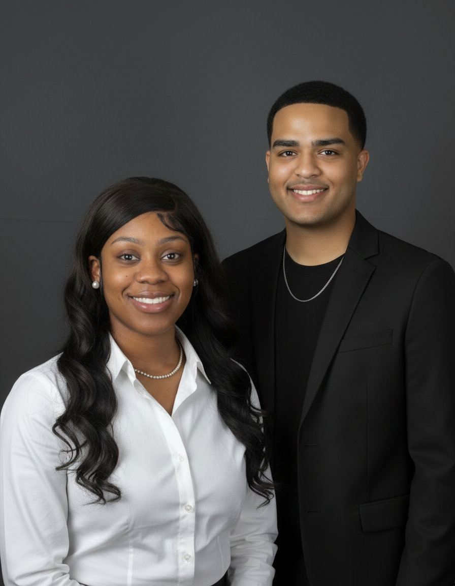 A smiling woman with long black hair wearing a white shirt and pearl jewelry standing next to a smiling man with short black hair wearing a black suit jacket and a chain necklace against a gray background.