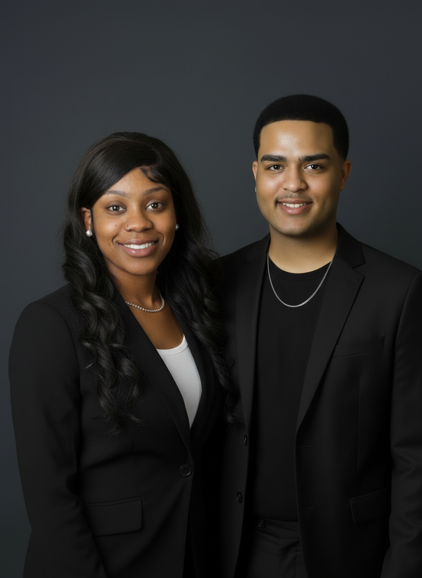 A young African American woman and a young man with medium skin tone, both dressed in black blazers, posing against a dark gray background. The woman has long, wavy black hair and wears pearl earrings and a pearl necklace. The man has short black hair and wears a silver chain necklace.