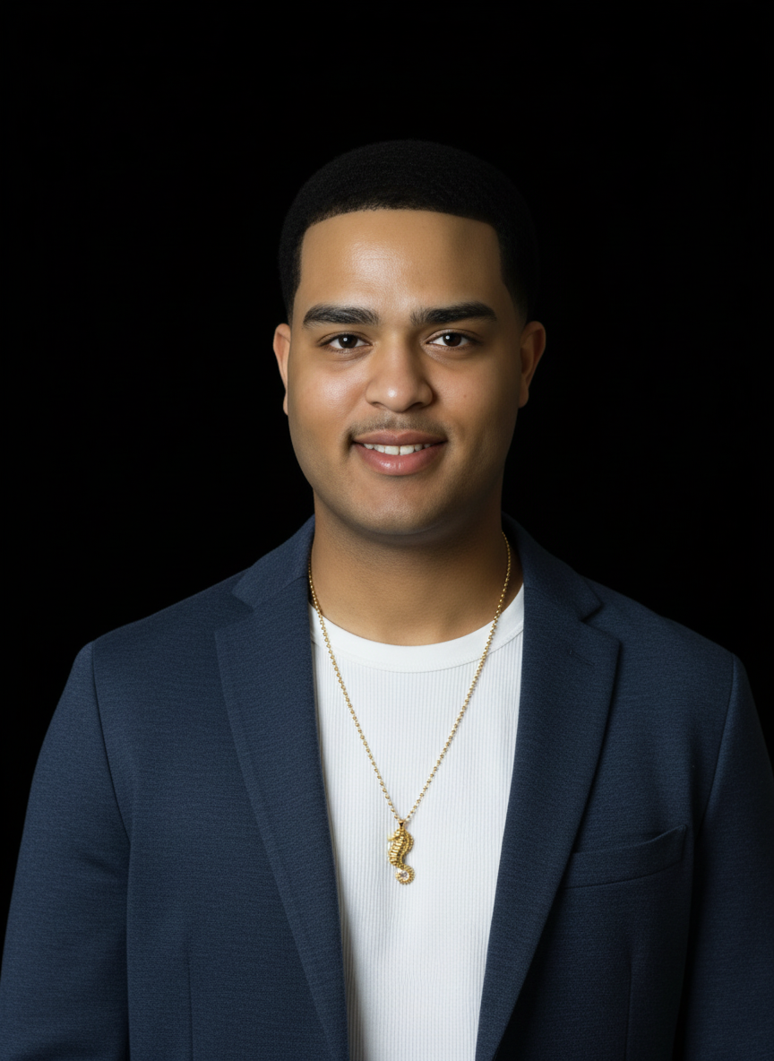 A young man with short black hair, wearing a navy blue blazer and white shirt, smiling, with a gold seahorse necklace, against a black background.