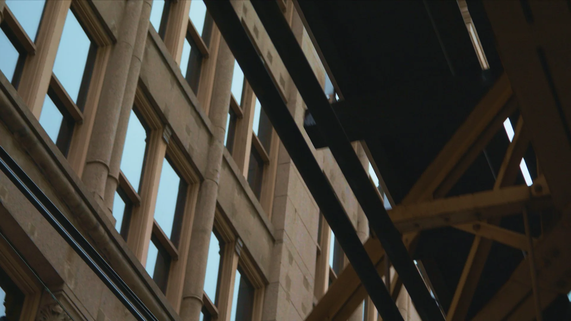 Close up of "el" tracks and building in Chicago