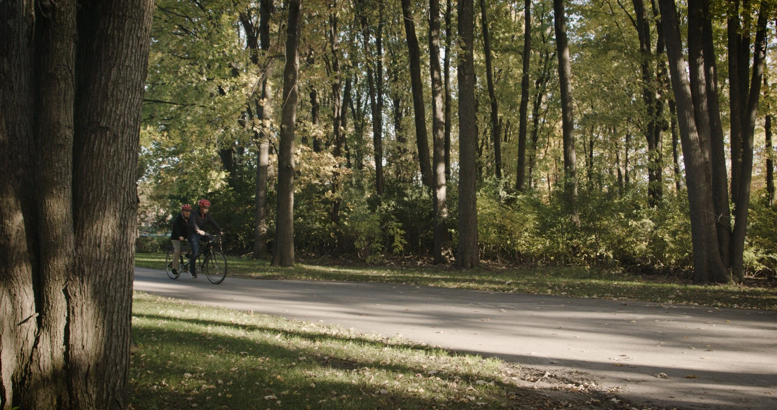 Tandem bike ride through a park