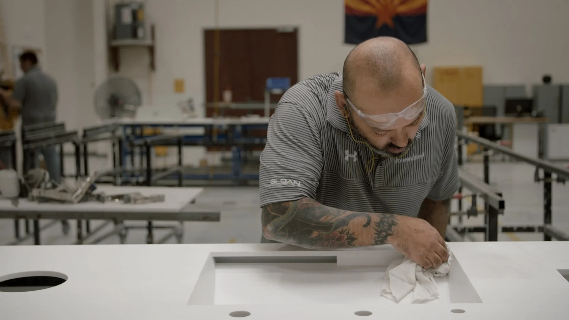 Quartz countertop being cleaned