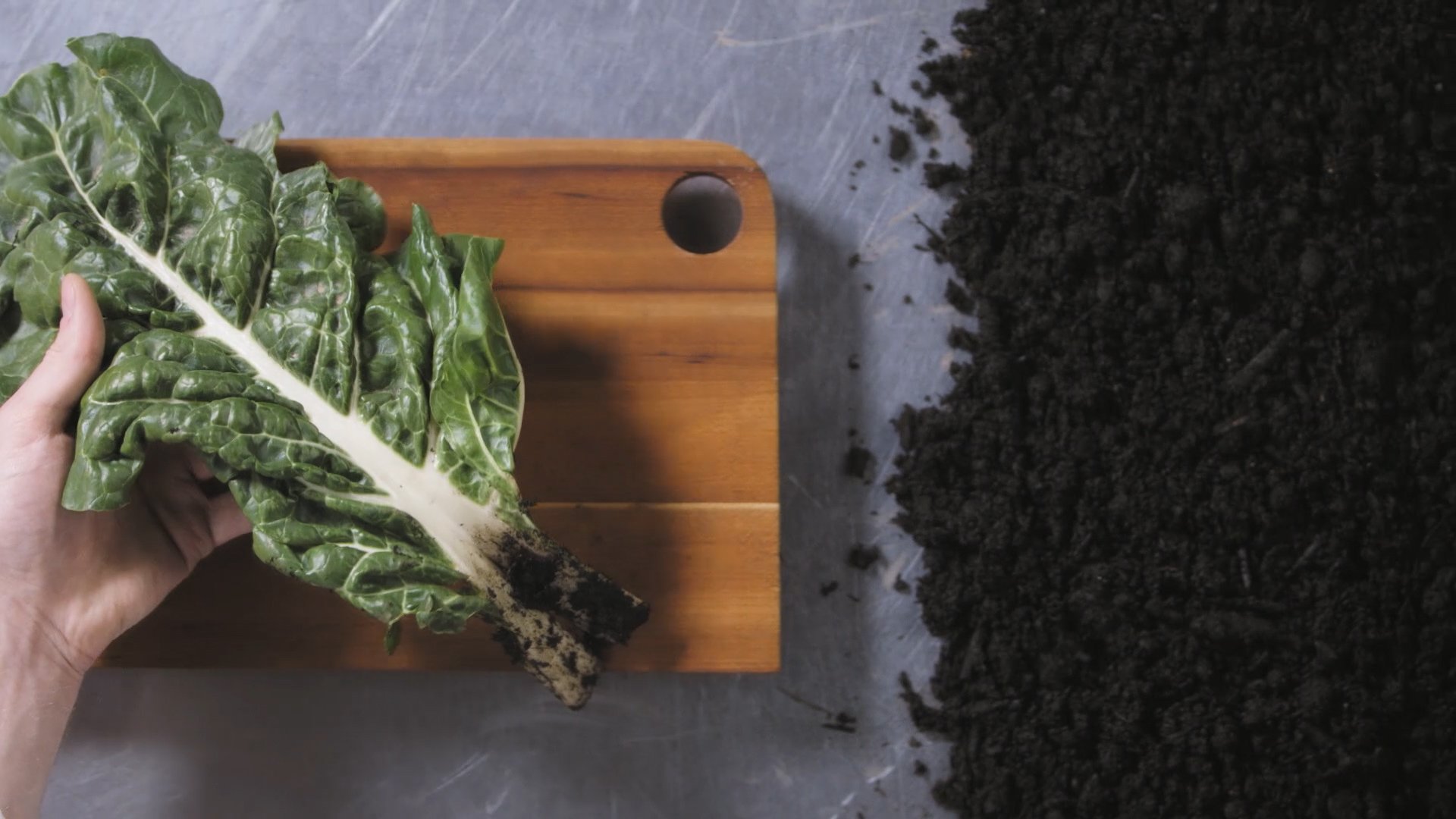 Production still, top down shot of kale passed between two people