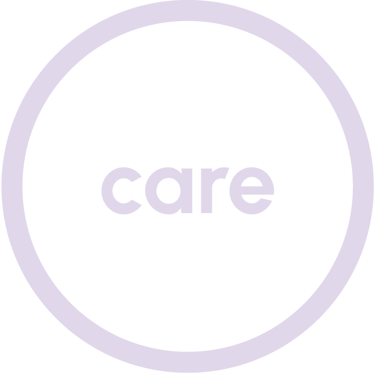 A circular logo with the word 'care' in lowercase purple letters inside a black circle, outlined by a light purple border.