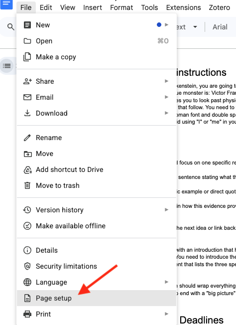 Google Doc file menu with "page setup" circled.