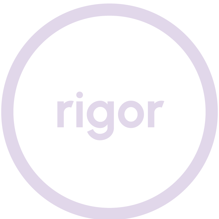 A black circular background with the word 'rigor' in purple lowercase letters and a light purple border circle.
