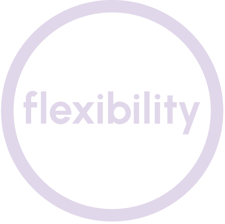 The word "flexibility" written in light purple inside a white circle with a light purple border.