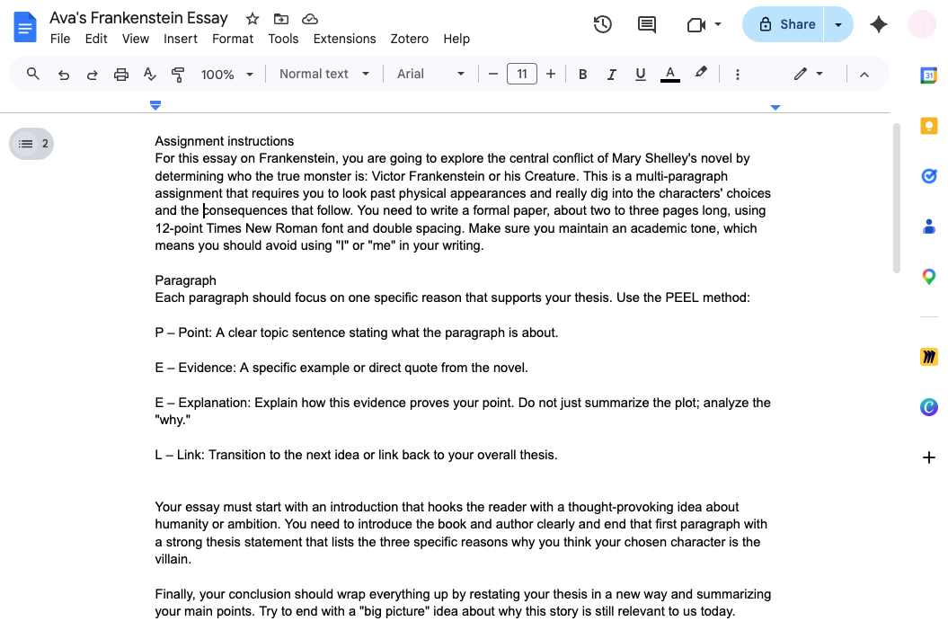 Google Doc titled "Ava's Frankenstein Essay," containing assignment instructions and requirements.