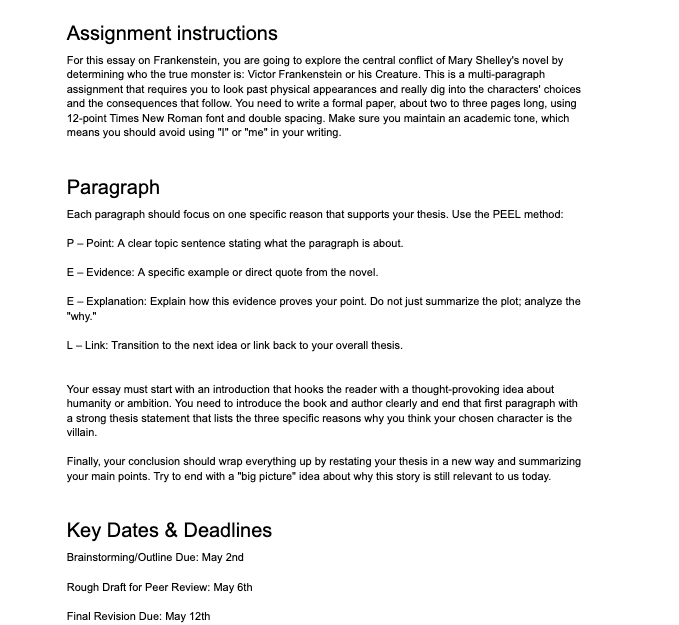 Assignment Google Doc with "assignment instructions" and "paragraph" reformatted as headers.