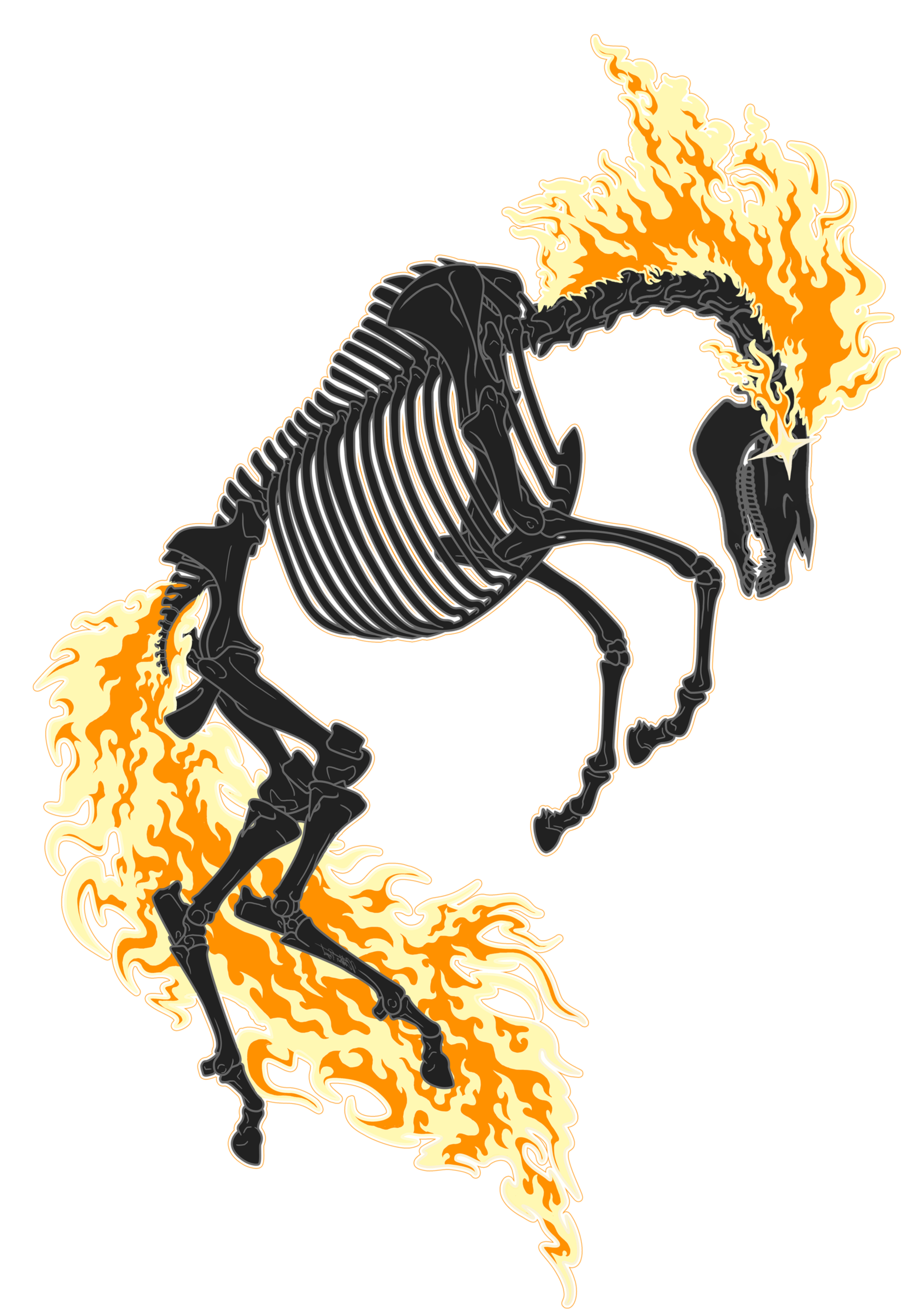 A skeleton horse rearing up with flames emanating from its mouth, mane, and tail, depicted in a stylized, artistic manner.