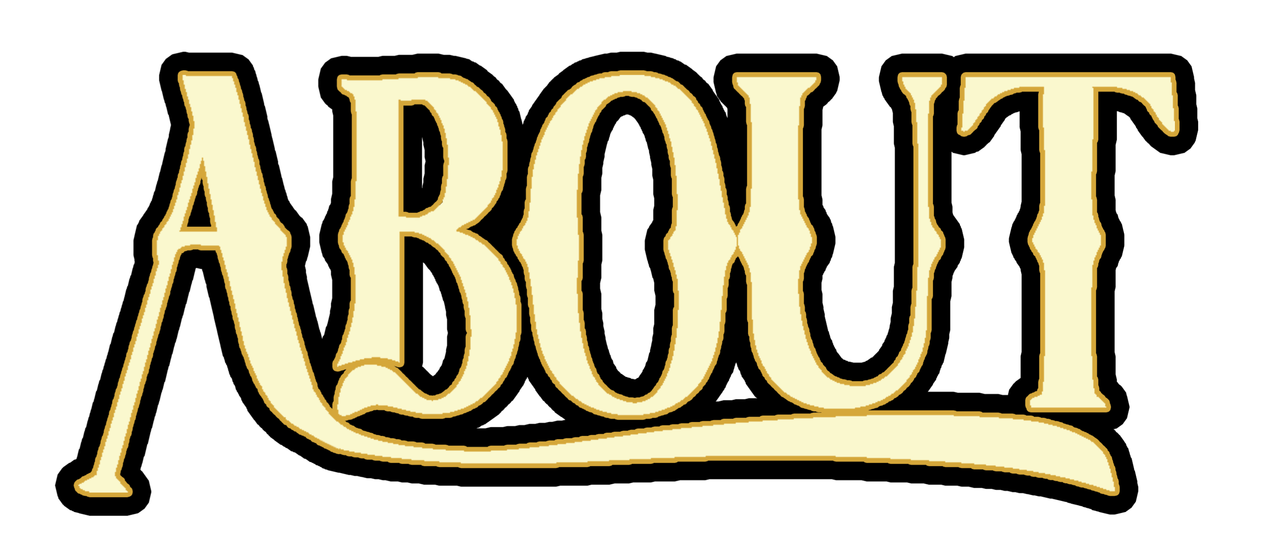 Large lettering that spells "ABOUT" in a light pastel yellow coloration with a thick black outline. The font used is the custom CityCowWorld Font created by CityCowWorld LLC.